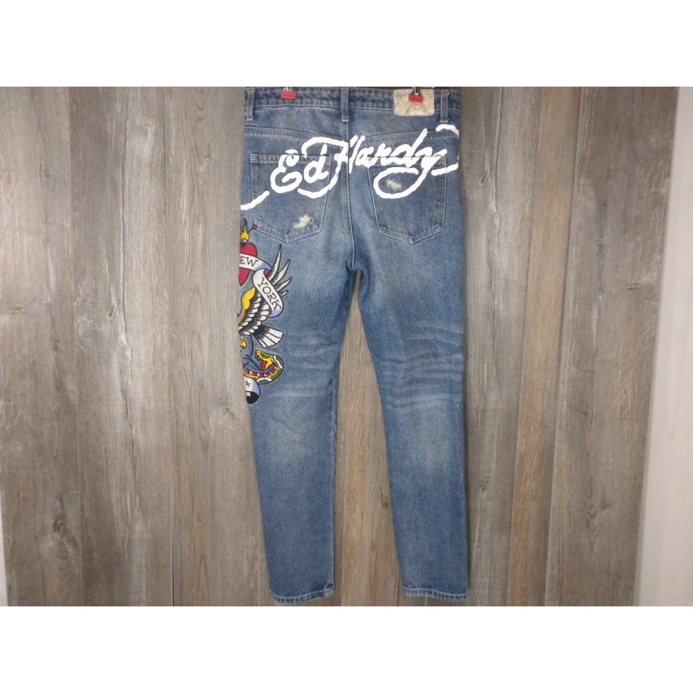 Ed Hardy Jeans 30x29 Blue Denim NYC Embroidered Distressed Tattoo Snake Skull